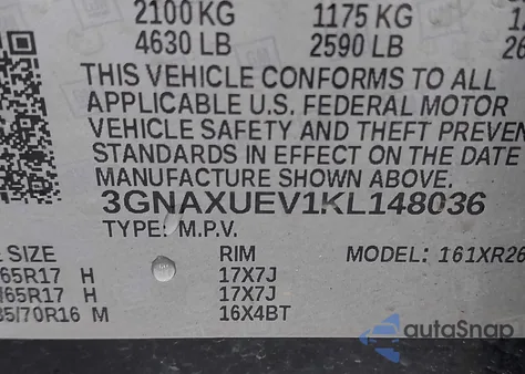 2019 Chevrolet Equinox Lt z USA, uszkodzony, nr VIN 3GNAXUEV1KL148036